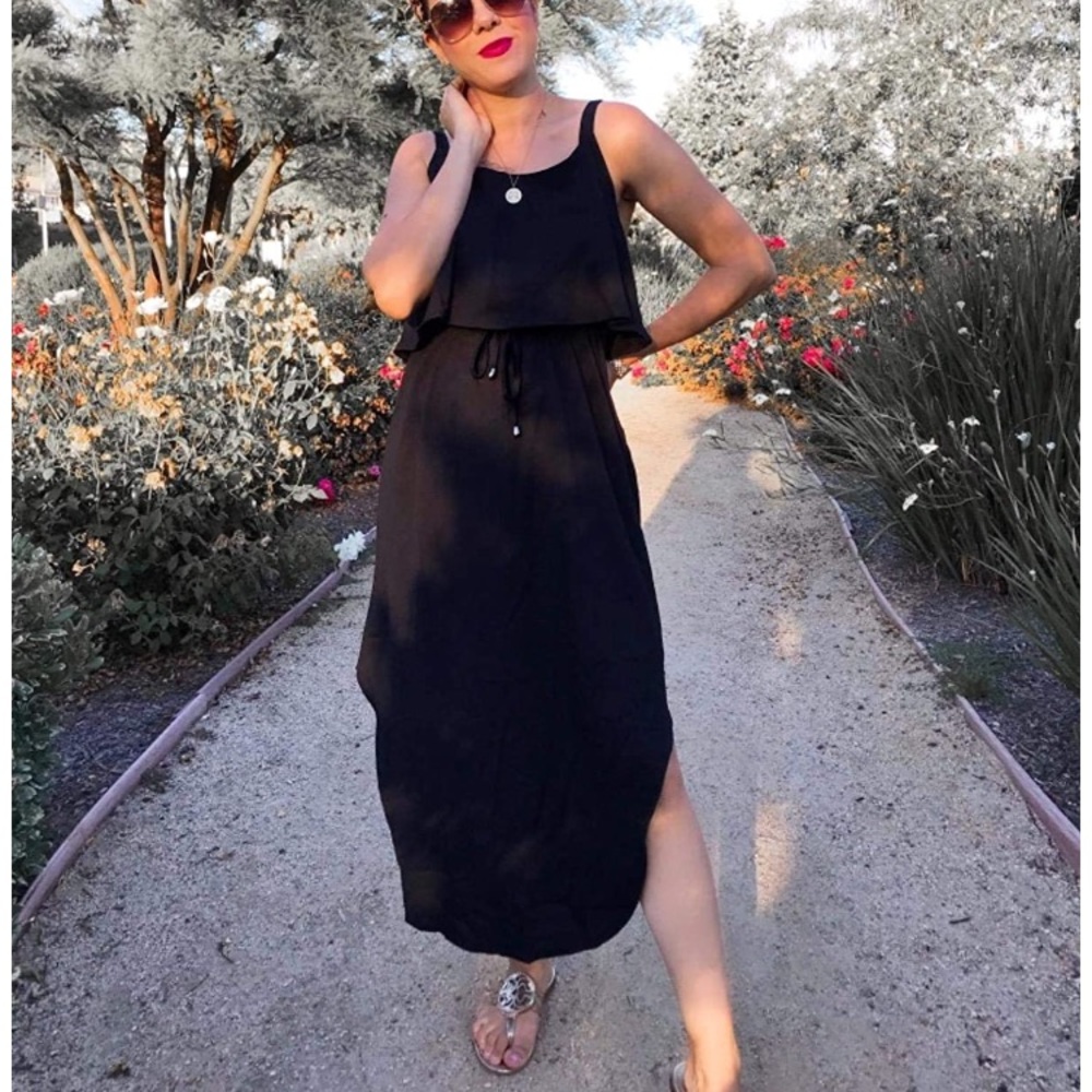 Black Casual Dress Adjustable Strappy Split - Picture 5 of 6